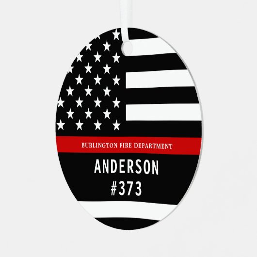 消防士パーソナライズされたの細い赤い線 メタルオーナメント (正面左)