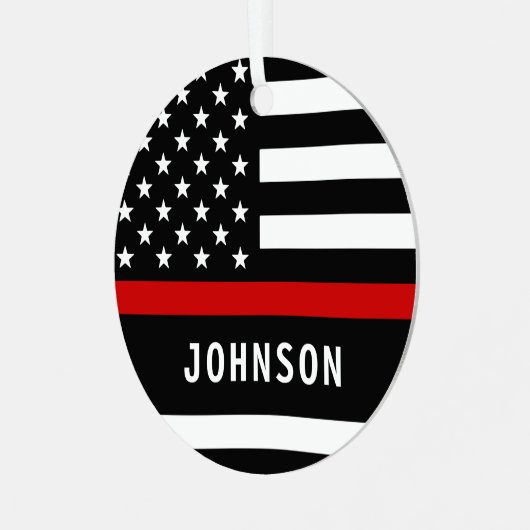 消防士パーソナライズされたの細モダンい赤線 メタルオーナメント (正面左)