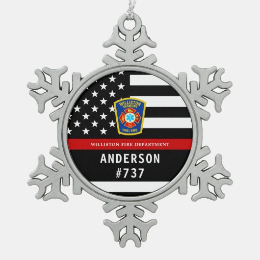 消防士パーソナライズされたロゴ薄い赤線 スノーフレークピューターオーナメント (正面)