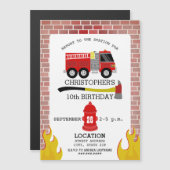 消防士ブリックフレイムアックス消火栓誕生日 マグネット招待状 (正面/裏面)