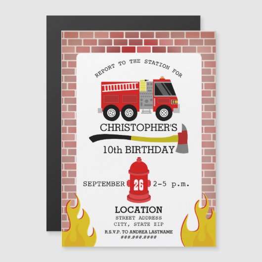 消防士ブリックフレイムアックス消火栓誕生日 マグネット招待状 (正面/裏面)