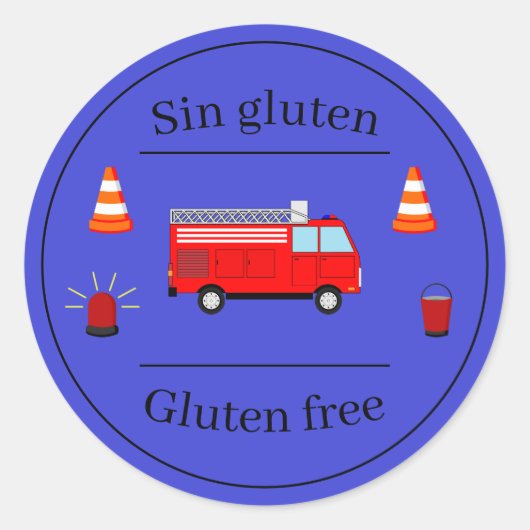 消防士ブルーのバイリンガル誕生日食品ラベル ラウンドシール (正面)