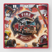 消防士レスキュー・トラック・ヒーロー スクエア壁時計 (正面)