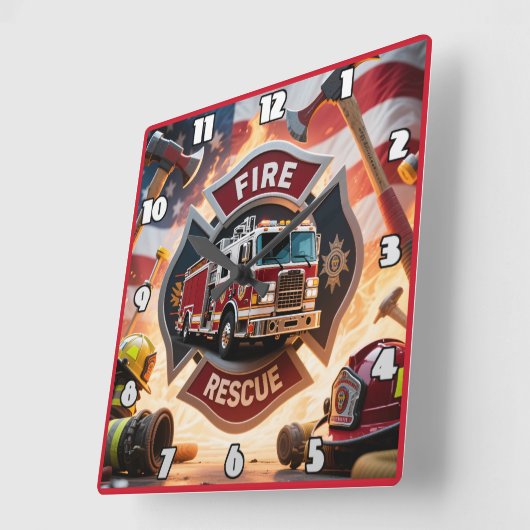 消防士レスキュー・トラック・ヒーロー スクエア壁時計 (傾斜)