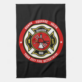 消防士レスキューADD NAME消防署バッジ キッチンタオル