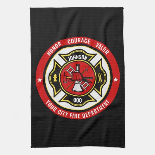 消防士レスキューADD NAME消防署バッジ キッチンタオル (縦)