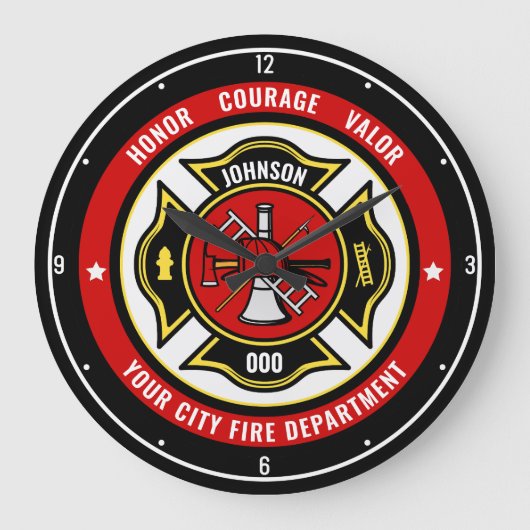 消防士レスキューADD NAME消防署バッジ ラージ壁時計 (正面)