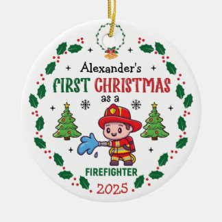 消防士初めてのクリスマス名前をカスタムする セラミックオーナメント