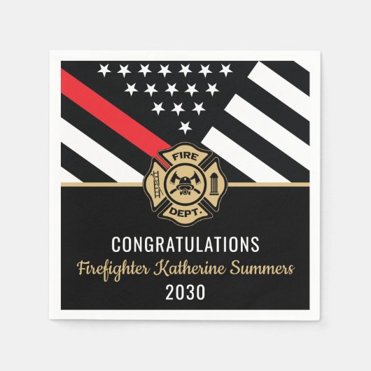 消防士卒業パーティー 薄い赤いラインの旗 スタンダードカクテルナプキン (正面)