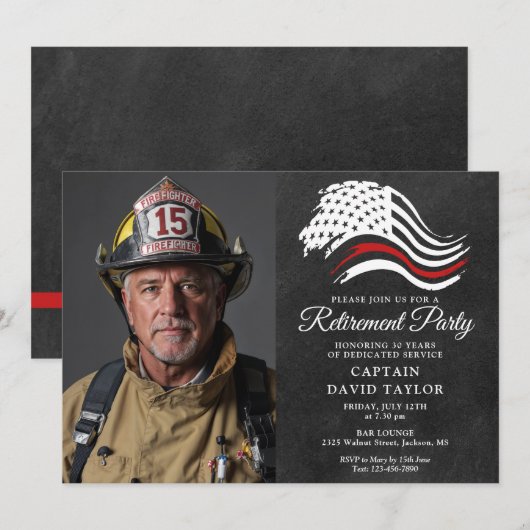 消防士引退パーティー 薄い赤いラインの写真 招待状 (正面/裏面)