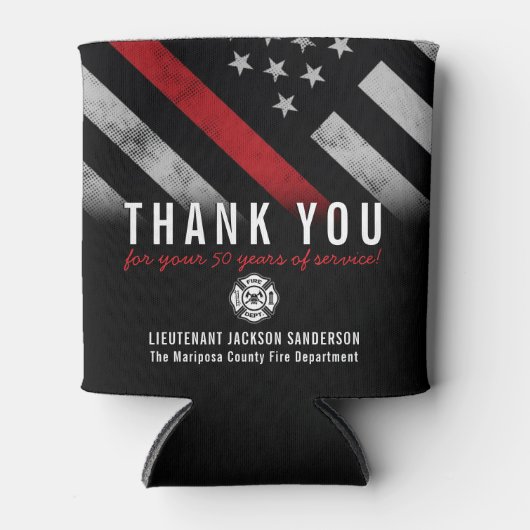 消防士引退記念 薄い赤いライン 缶クーラー (正面)