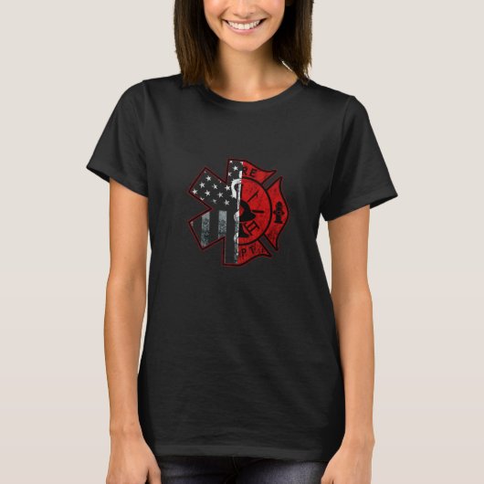 消防士救急医療隊員シンボルアメリカ国旗の消防士 Tシャツ (正面)