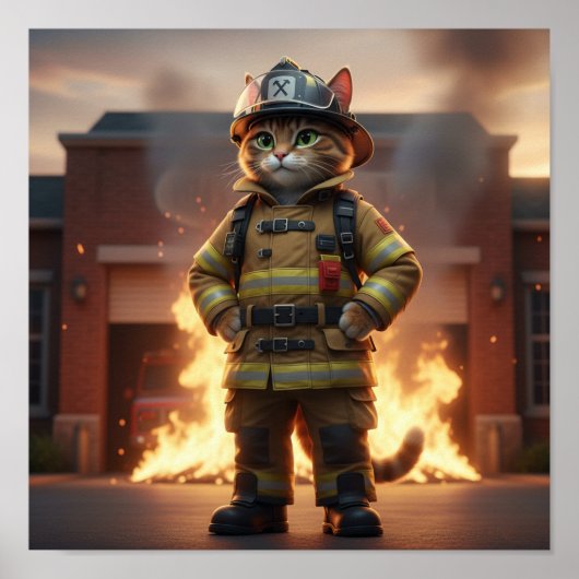 消防士猫ポスター – 3Dヒーロー猫壁画 ポスター (正面)