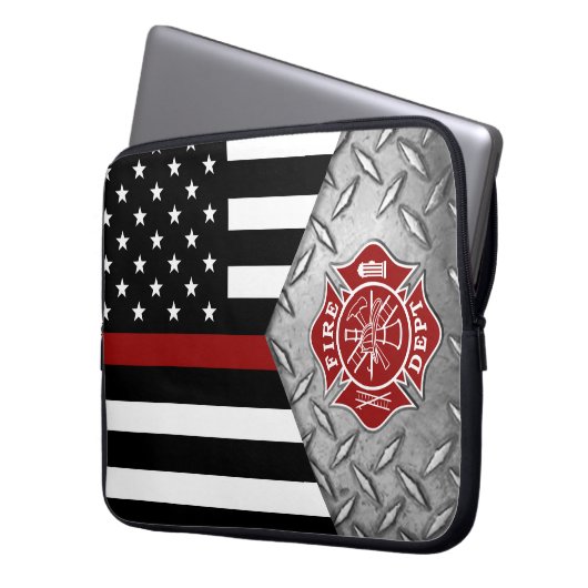 消防士薄赤線マルチーズクロスノートパソコンバッグ ラップトップスリーブ (正面左)