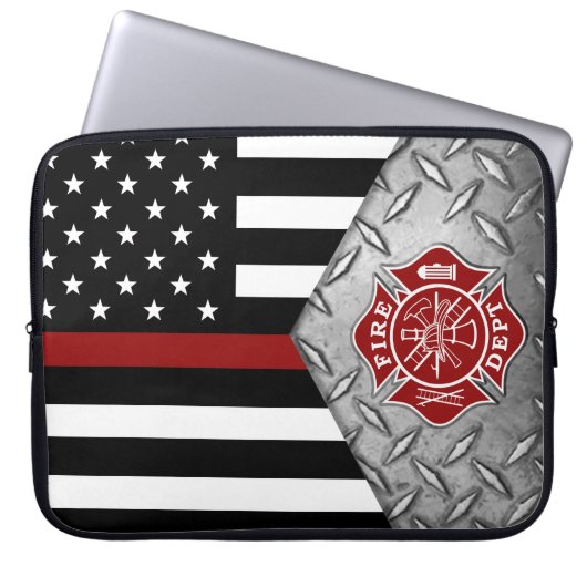 消防士薄赤線マルチーズクロスノートパソコンバッグ ラップトップスリーブ (正面)