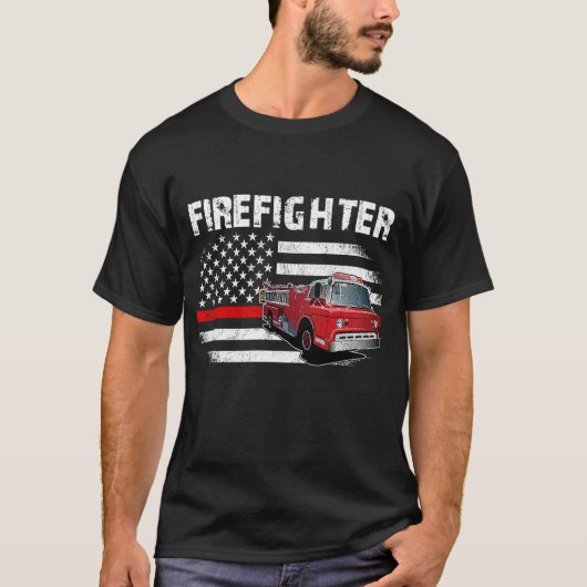 消防士 アメリカ国旗 赤ライン 米国 消防士 パト Tシャツ (正面)