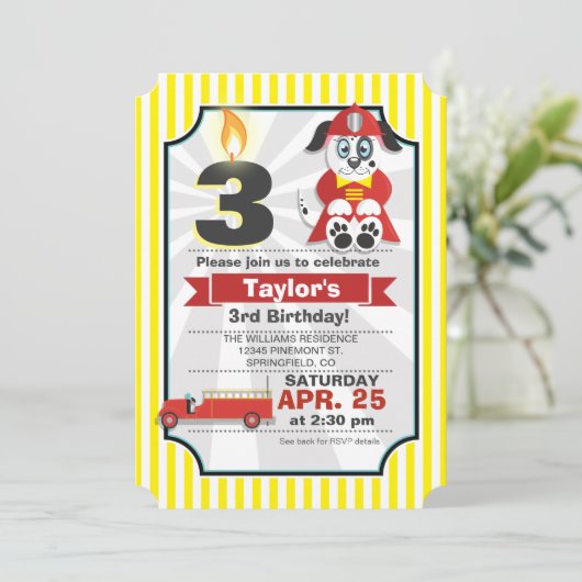 消防士、消防車の子供の誕生日パーティー 招待状 (スタンド正面)