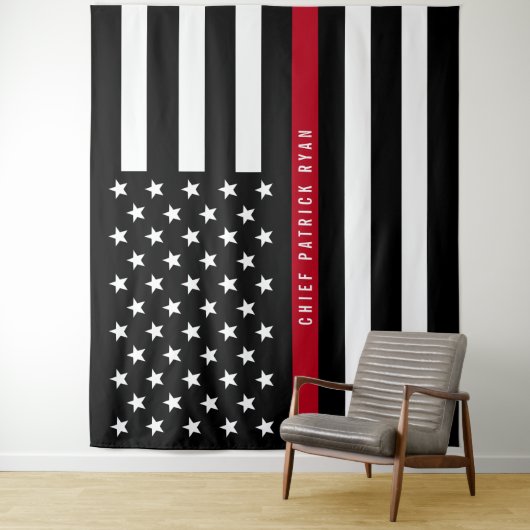 消防士 薄い赤線 アメリカ国旗 モノグラム タペストリー (インサイチュ)