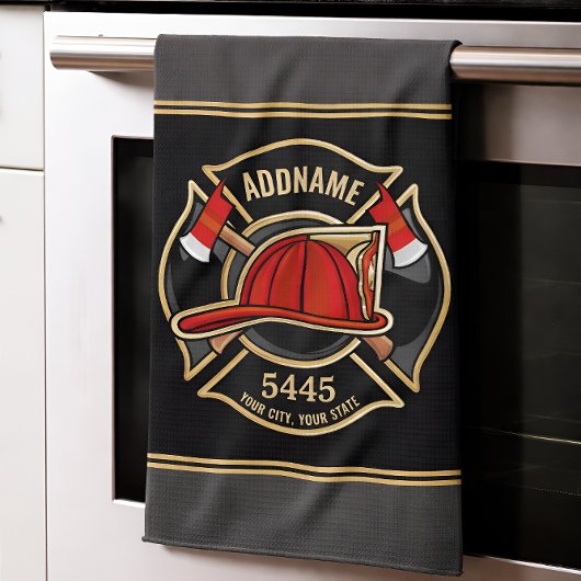 消防士ADD NAME消防局部バッジ キッチンタオル