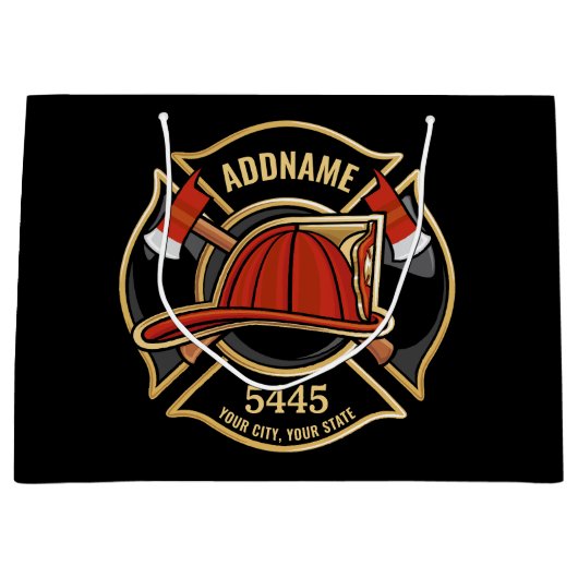 消防士ADD NAME消防局部バッジ ラージペーパーバッグ (正面)