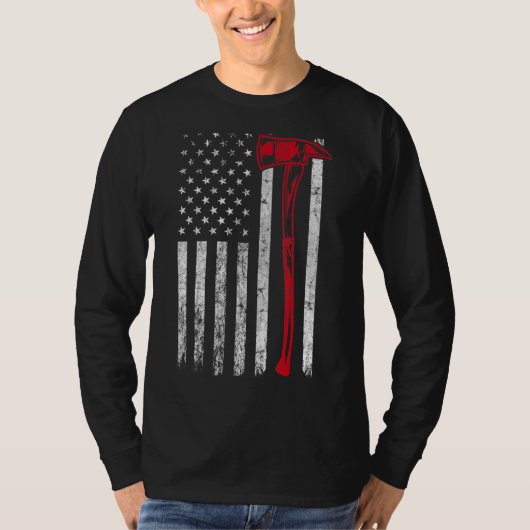 消防士Axアメリカ国旗の薄い赤いライン消防士パット Tシャツ (正面)