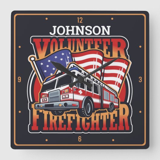 消防機関名USA国旗ボランティア消防士 スクエア壁時計 (正面)