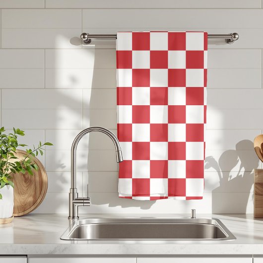 消防機関赤と白市松模様にヴィンテージ キッチンタオル