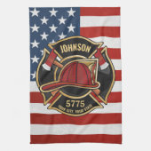 消防消防消防救助部アメリカ国旗カスタム キッチンタオル (縦)