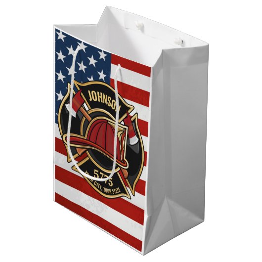 消防消防消防救助部アメリカ国旗カスタム ミディアムペーパーバッグ (正面アングル)