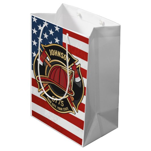 消防消防消防救助部アメリカ国旗カスタム ミディアムペーパーバッグ (裏面アングル)