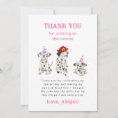 消防犬ダルメシアンのピンクの誕生日パーティー サンキューカード (正面)