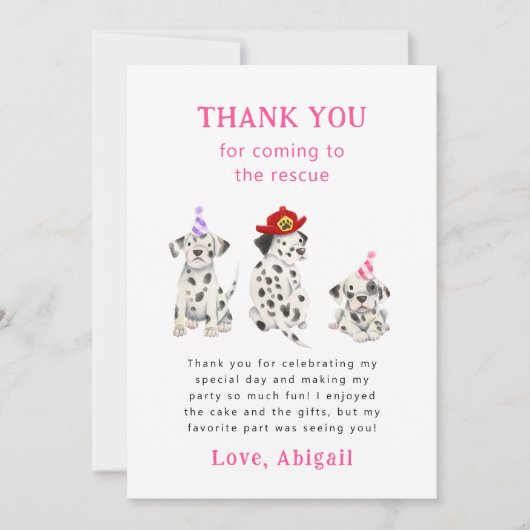 消防犬ダルメシアンのピンクの誕生日パーティー サンキューカード (正面)