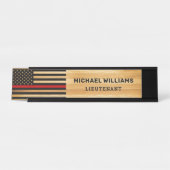 消防用薄型レッドラインアメリカ国旗の木素朴材 デスクネームプレート (正面)
