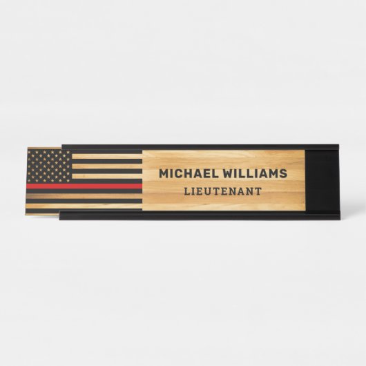 消防用薄型レッドラインアメリカ国旗の木素朴材 デスクネームプレート (正面)