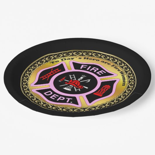 消防署のロゴの黒く、ピンクのバッジ ペーパープレート (アングル)