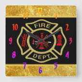 消防署のロゴ金ゴールドとバックバッジ金ゴールド スクエア壁時計 (正面)