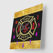 消防署のロゴ金ゴールドとバックバッジ金ゴールド スクエア壁時計 (傾斜)