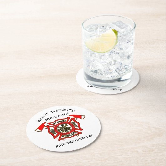 消防署のロゴ金ゴールドと赤バッジ ラウンドペーパーコースター (インサイチュ)