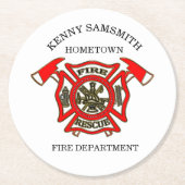 消防署のロゴ金ゴールドと赤バッジ ラウンドペーパーコースター (正面)