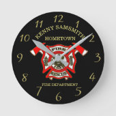 消防署のロゴ金ゴールドと軸つき赤バッジ ラウンド壁時計 (正面)