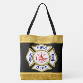 消防署のロゴ青と白のバッジ金ゴールド トートバッグ (裏面)