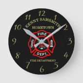 消防署のロゴ黒赤バッジ ラウンド壁時計 (正面)