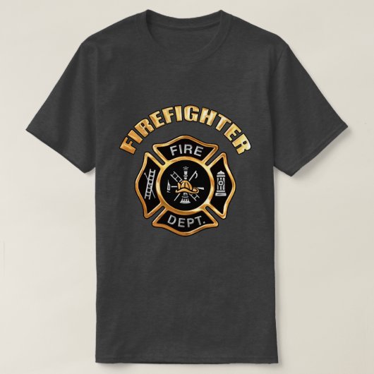 消防署の金ゴールドのバッジ Tシャツ (デザイン正面)