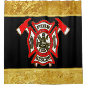 消防署ロゴ金ゴールド及び赤バッジ金ゴールド箔 シャワーカーテン (正面)