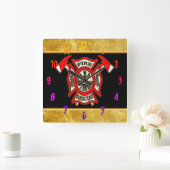 消防署ロゴ金ゴールド及び赤バッジ金ゴールド箔 スクエア壁時計 (ホーム)