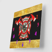 消防署ロゴ金ゴールド及び赤バッジ金ゴールド箔 スクエア壁時計 (傾斜)