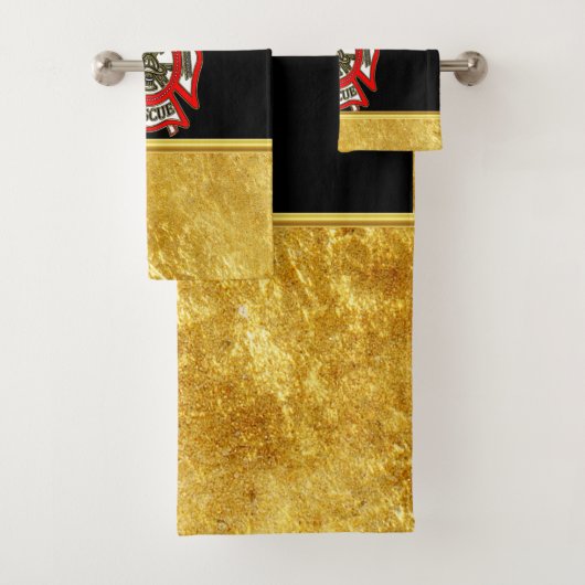 消防署ロゴ金ゴールド及び赤バッジ金ゴールド箔 バスタオルセット (インサイチュ)