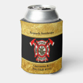 消防署ロゴ金ゴールド及び赤バッジ金ゴールド箔 缶クーラー (缶裏面)