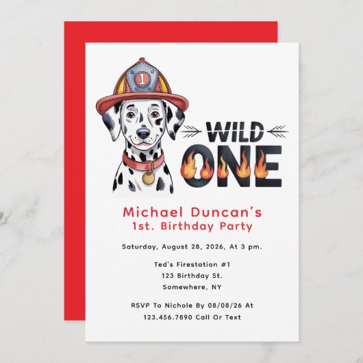 消防署ワイルドワンダルマティアンドッグ1st誕生日 招待状 (正面/裏面)
