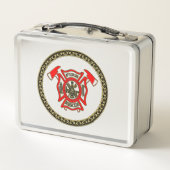 消防署金ゴールド及び消防軸付き赤バッジ メタルランチボックス (裏面)